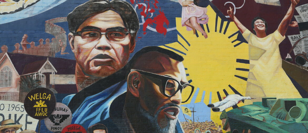 Street art in Los Angeles depicting Philip Vera Cruz, Cesar Chavez and Larry Dulay Itliong
