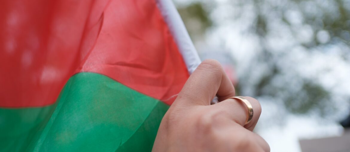 Hand holding green and red Palestinian flag