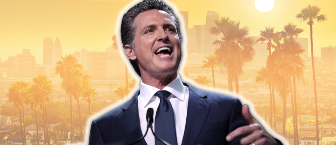 California governor Gavin Newsom in front of a yellow background with Downtown LA and palm trees