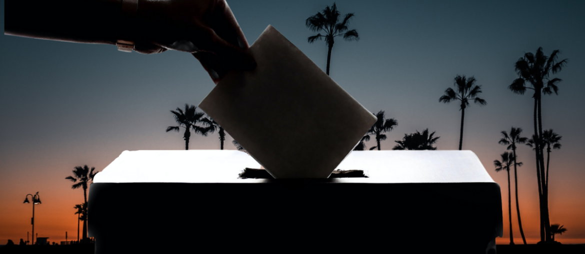 Election ballot box in the foreground, palm trees with a sunset in the background