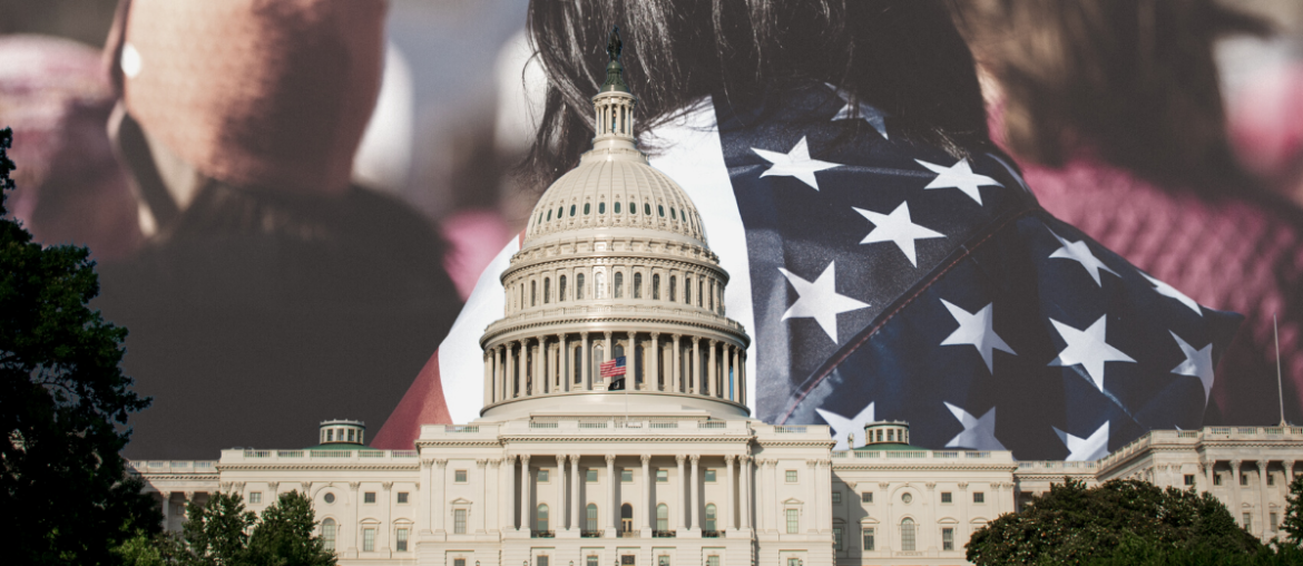 U.S. Capitol in the foreground, woman with black hair has American flag draped over her shoulder in the background
