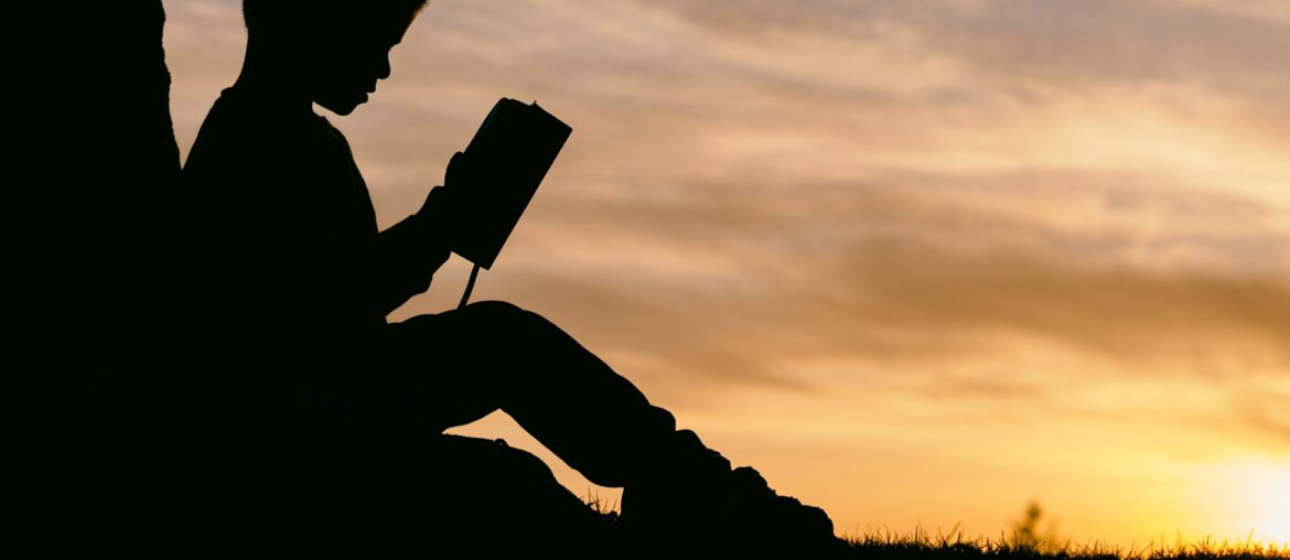 Outline of young boy sitting by a tree reading a book