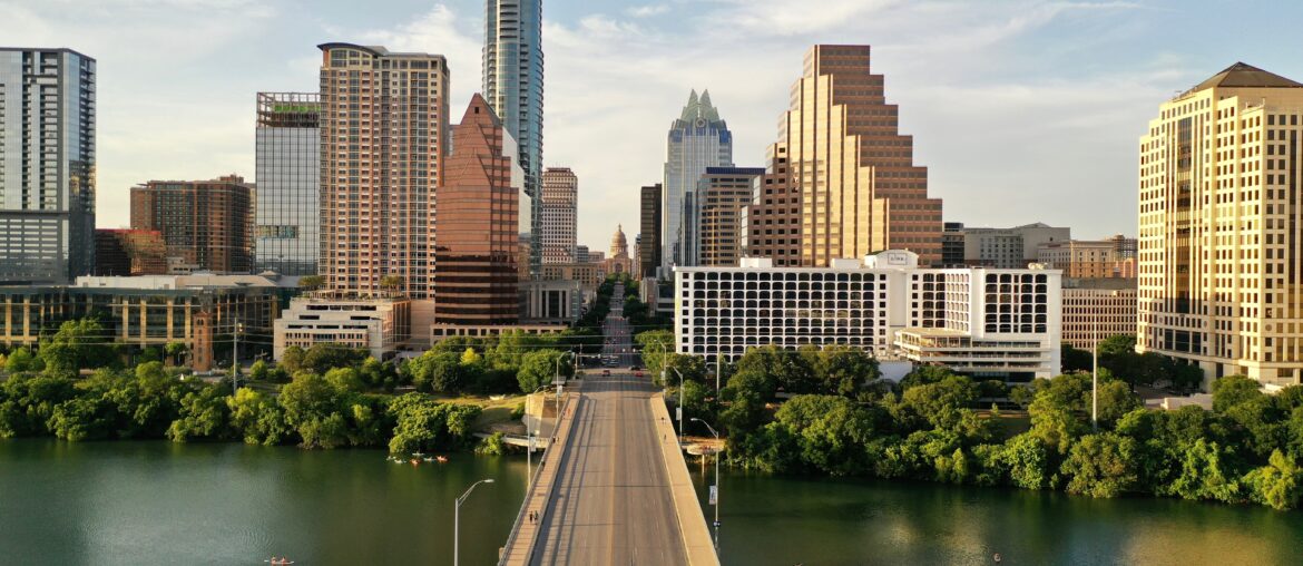 Downtown Austin with view of Capitol building taken from South Congress Bridge.