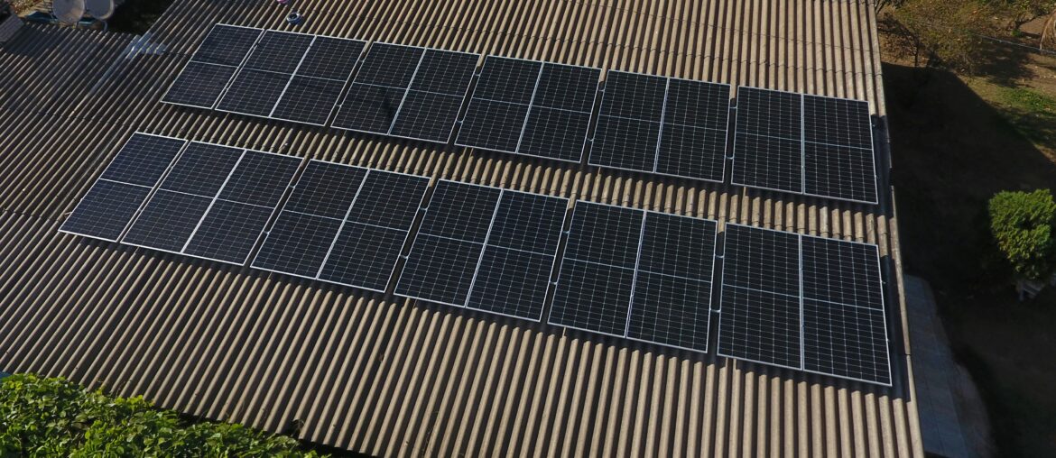 Solar panels on rooftop aerial view